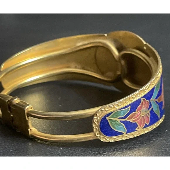 Vintage Cloisonne Hinged Bracelet Bangle Panda Floral Calla Lily Gold Tone - Picture 4 of 15
